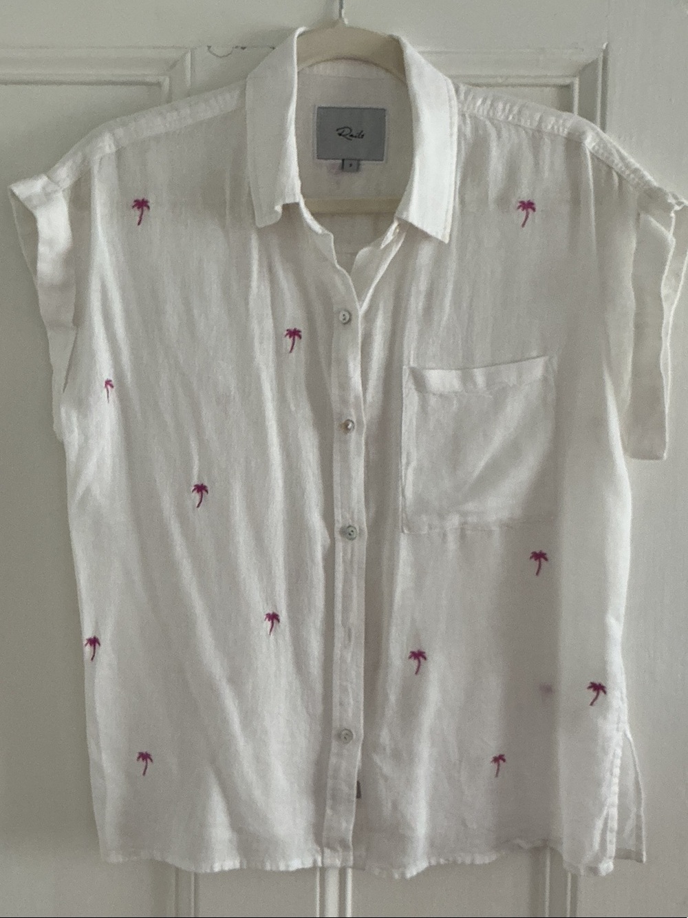 Rails White Short-Sleeve Button-Down Shirt with Pink Palm Embroidery